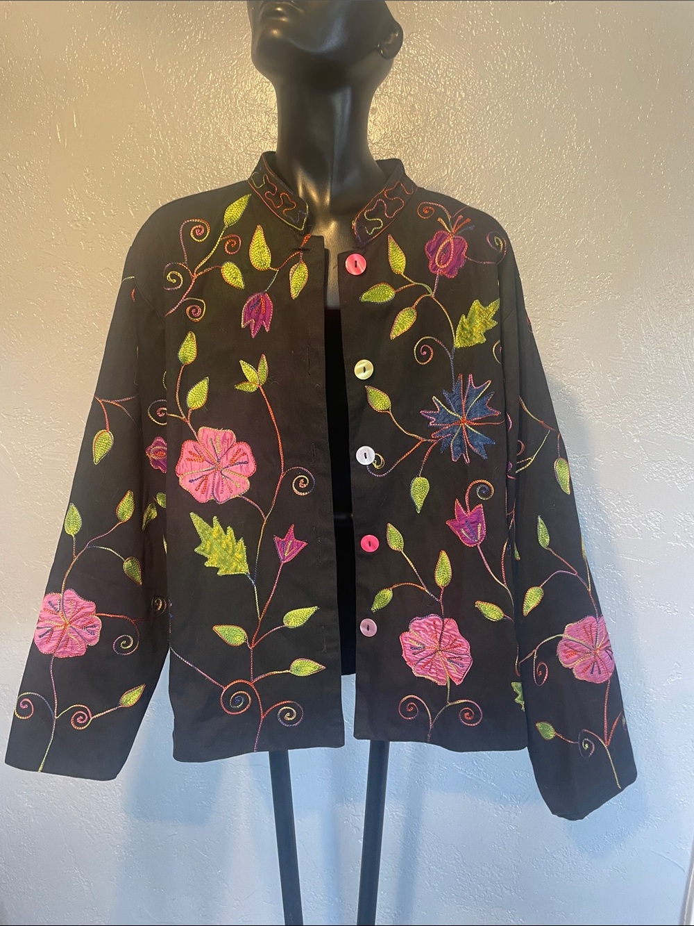 new directions Black Embroidered Floral Jacket with Pink & Green Accents